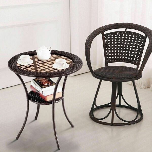 Gymax Round Rattan Wicker Coffee Table Glass Top Steel Frame Patio