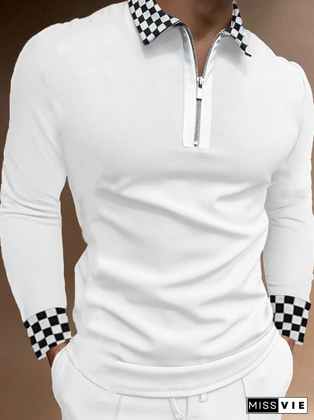 Men's Zipper Lapel Polo Shirt Plaid Print Long-sleeved T-shirt