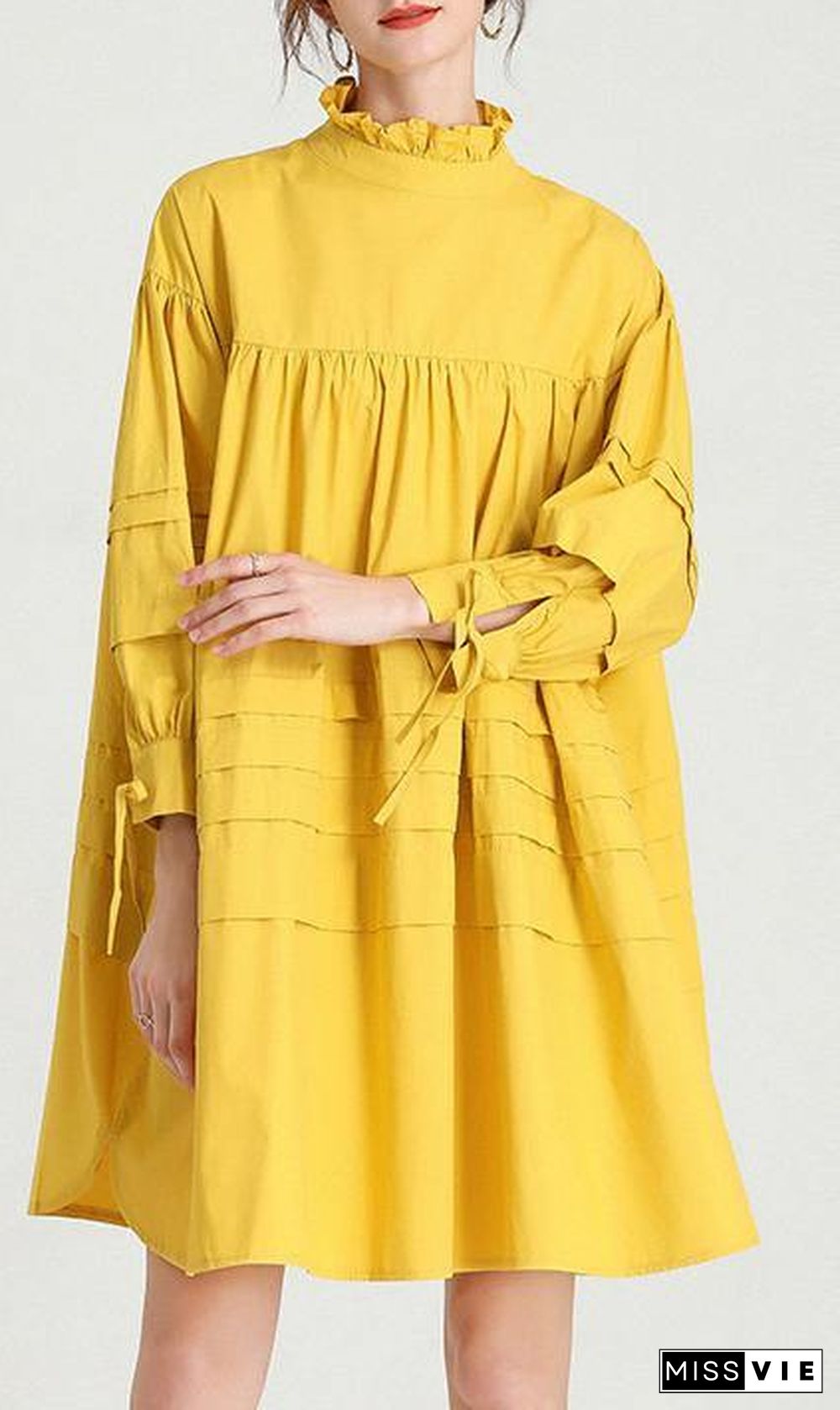 Plus Size Yellow Stand Cotton Bow Spring Maxi Dresses