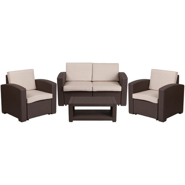 4 Piece Outdoor Faux Rattan Chair， Loveseat and Table Set in Chocolate Brown - Overstock - 27415352