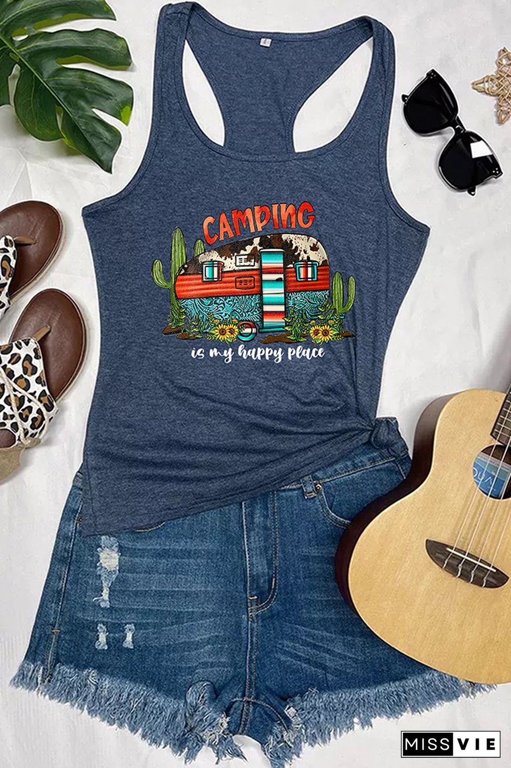 Camping is My Happy Place Printed Sleeveless Tank Top Wholesale