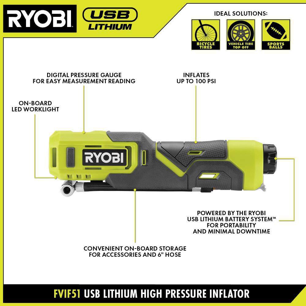 RYOBI USB Lithium Cordless High Pressure Portable Inflator Kit with Extra USB Lithium 2.0 Ah Rechargeable Battery FVIF51K-FVB01