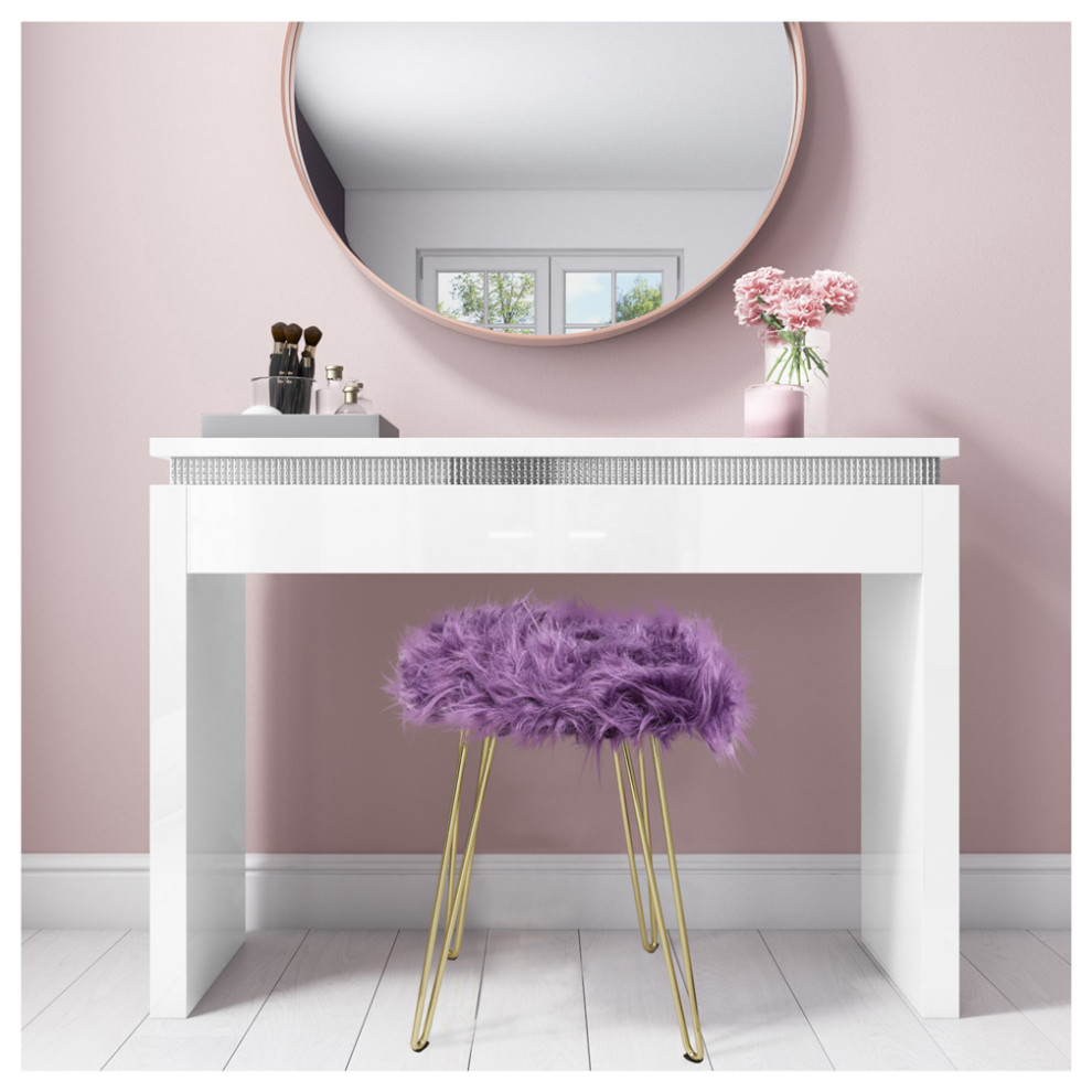 Fauxfur Purple Vanity Foot Stool With Golden Metal Legs  Set of 1   Midcentury   Vanity Stools And Benches   by specialty imports  Houzz