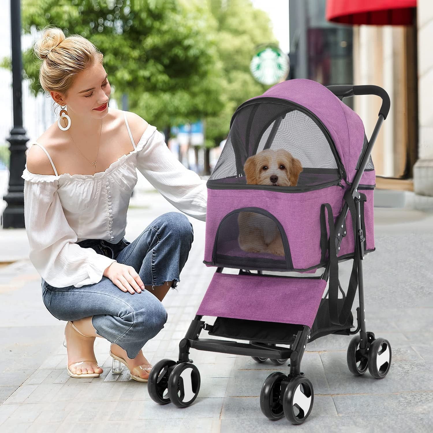 YRLLENSDAN 4 Wheels Pet Strollers for Small Dogs Jogging Stroller， Lightweight Foldable Dog Stroller for Medium Large Dogs 3-in-1 Multifunction Cat Stroller w/Detachable Carrier and Storage Basket