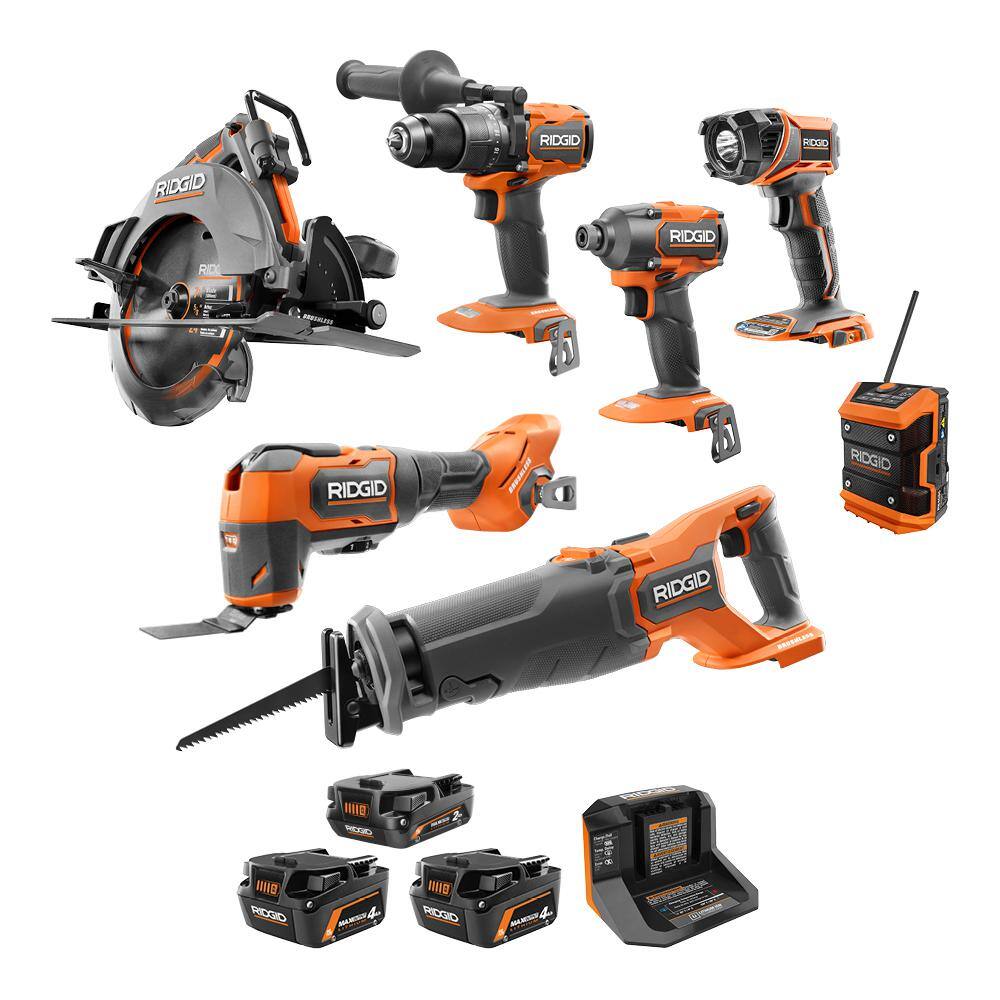 RIDGID 18V Brushless Cordless 7-Tool Combo Kit with (1) 2.0 Ah Battery (2) 4.0 Ah Batteries and Charger R9258SB