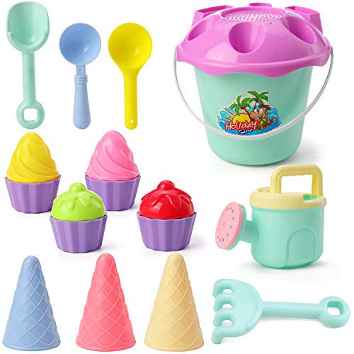 iefoah Ice Cream Beach Toys Cool Summer Vivid Color Ice Cream Sand Molds, Cake Sand Molds, Beach Bucket, Beach Shovel, Beach Rack,Watering Can for Kids & Todders (17 Pack)