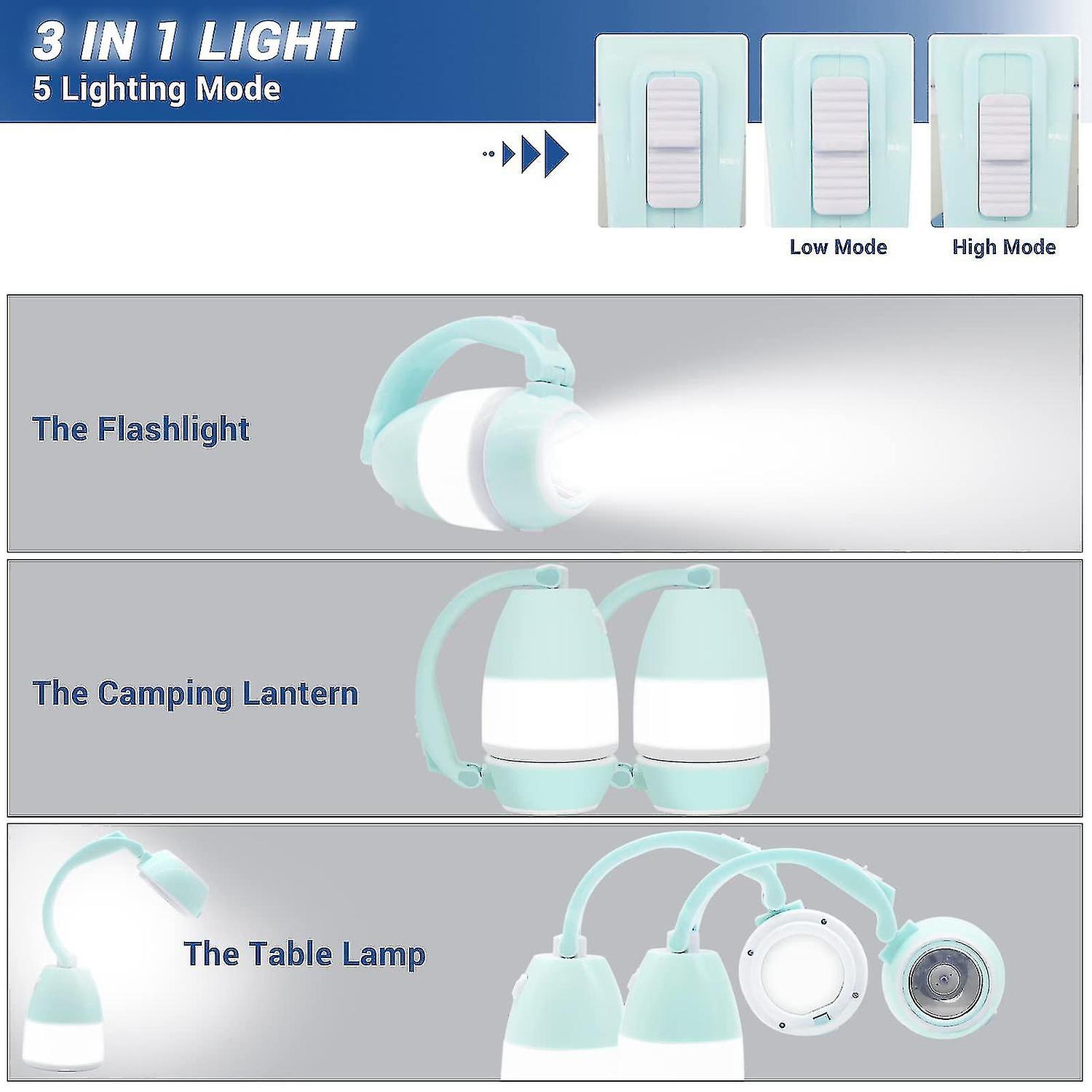 3 In 1 Led Camping Lantern and Handheld Flashlight and Table Lamp 5 Modes Rechargeable Tent