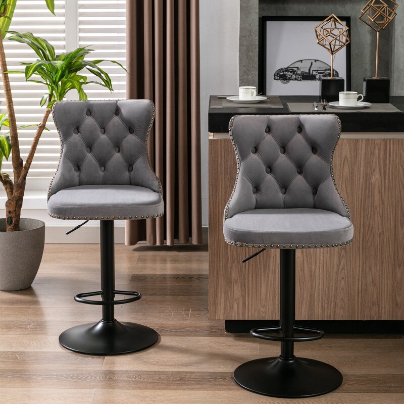 2PCS Adjusatble Swivel Velvet Upholstered Tufted Bar Stools