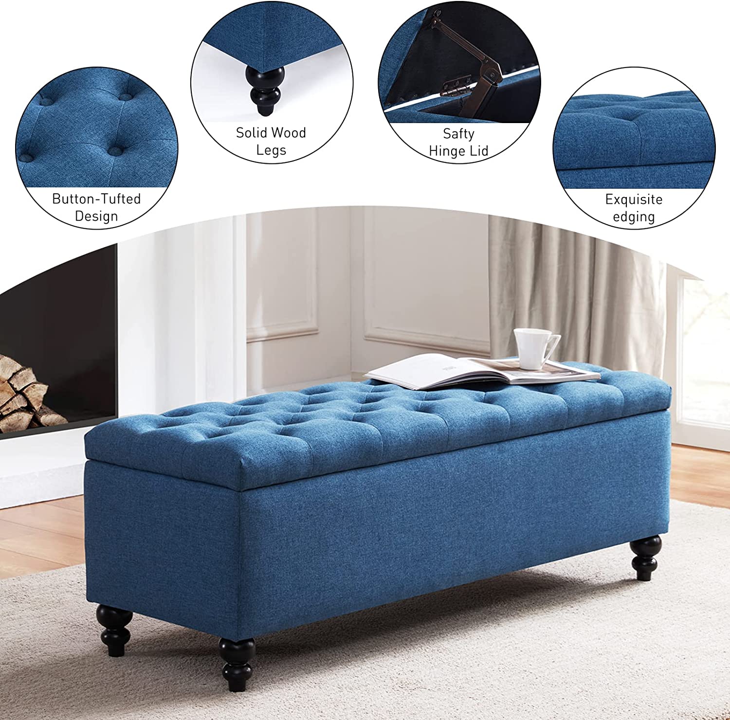 HUIMO Ottoman with Storage, 51-inch Large Storage Bench with Button-Tufted, Bedroom Bench Safety Hinge Ottoman in Upholstered Fabrics for Living Room (Blue)