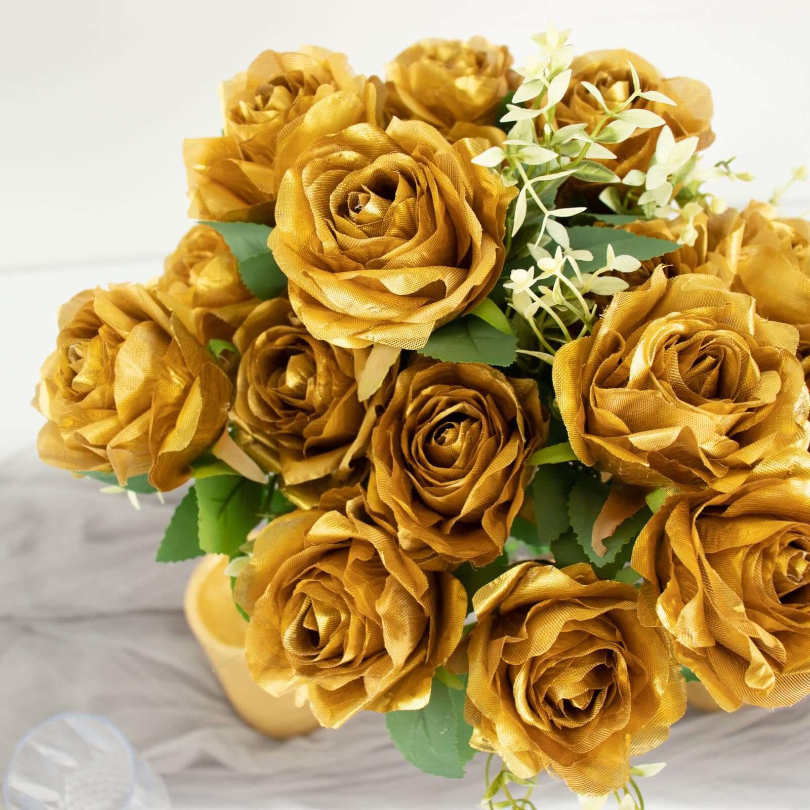 2 Bushes Gold Artificial Silk Rose Flower Arrangements, Real Touch Long Stem Flower Bouquet 18