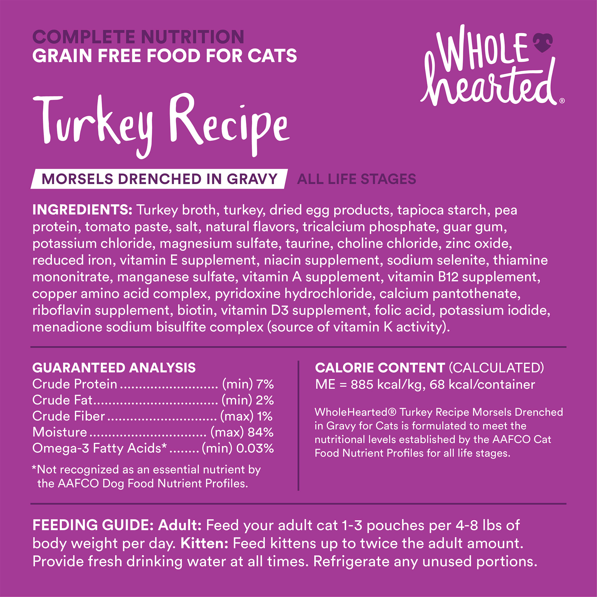 WholeHearted All Life Stages Grain-Free Turkey Recipe Morsels in Extra Gravy Wet Cat Food， 2.8 oz.， Case of 12