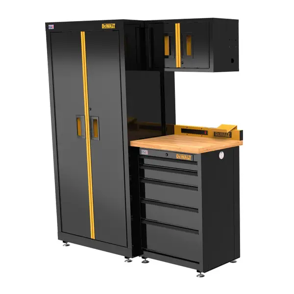 DEWALT 63 Wide， 4 Piece Welded Storage Suite with 5-Drawer Base Cabinet and Wood Top