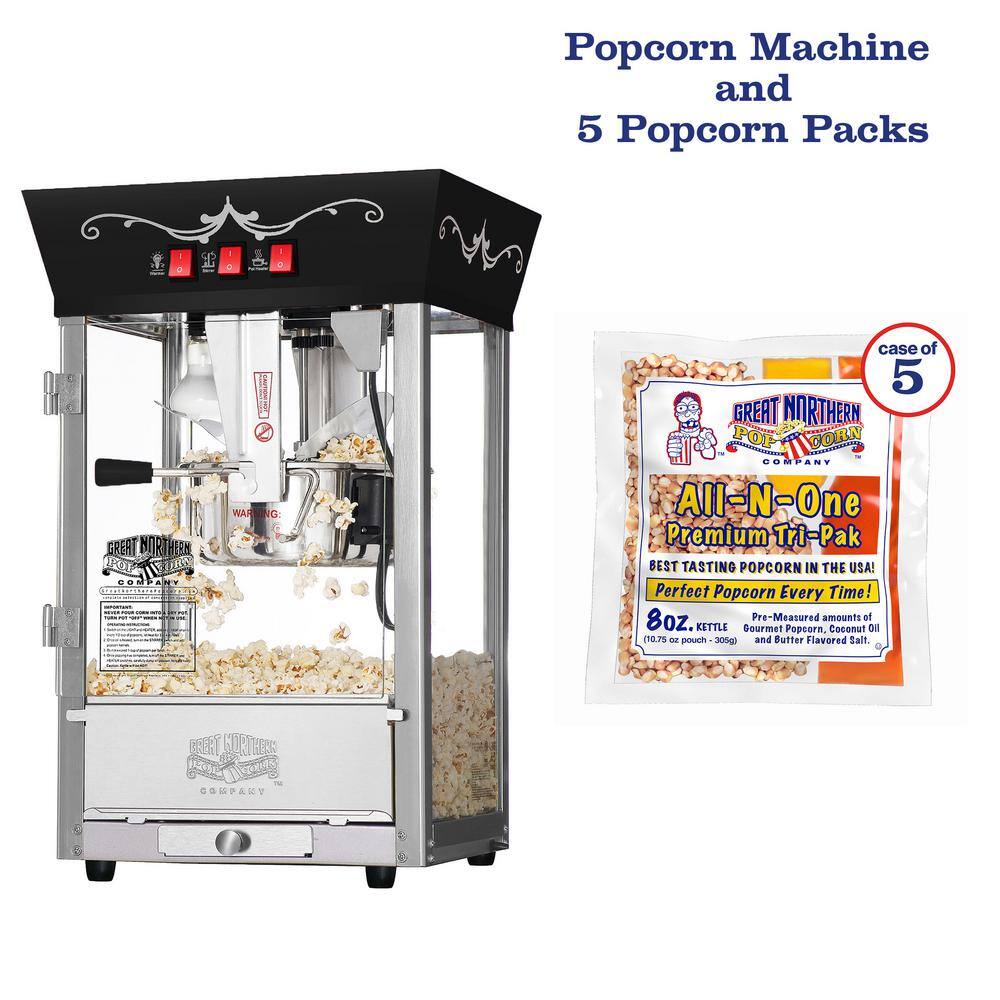 GREAT NORTHERN 8 oz. Black Kettle Warmer and 5 All-in-One Popcorn Packs Matinee Countertop Popcorn Machine 3 gal. Popcorn Popper 83-DT6024