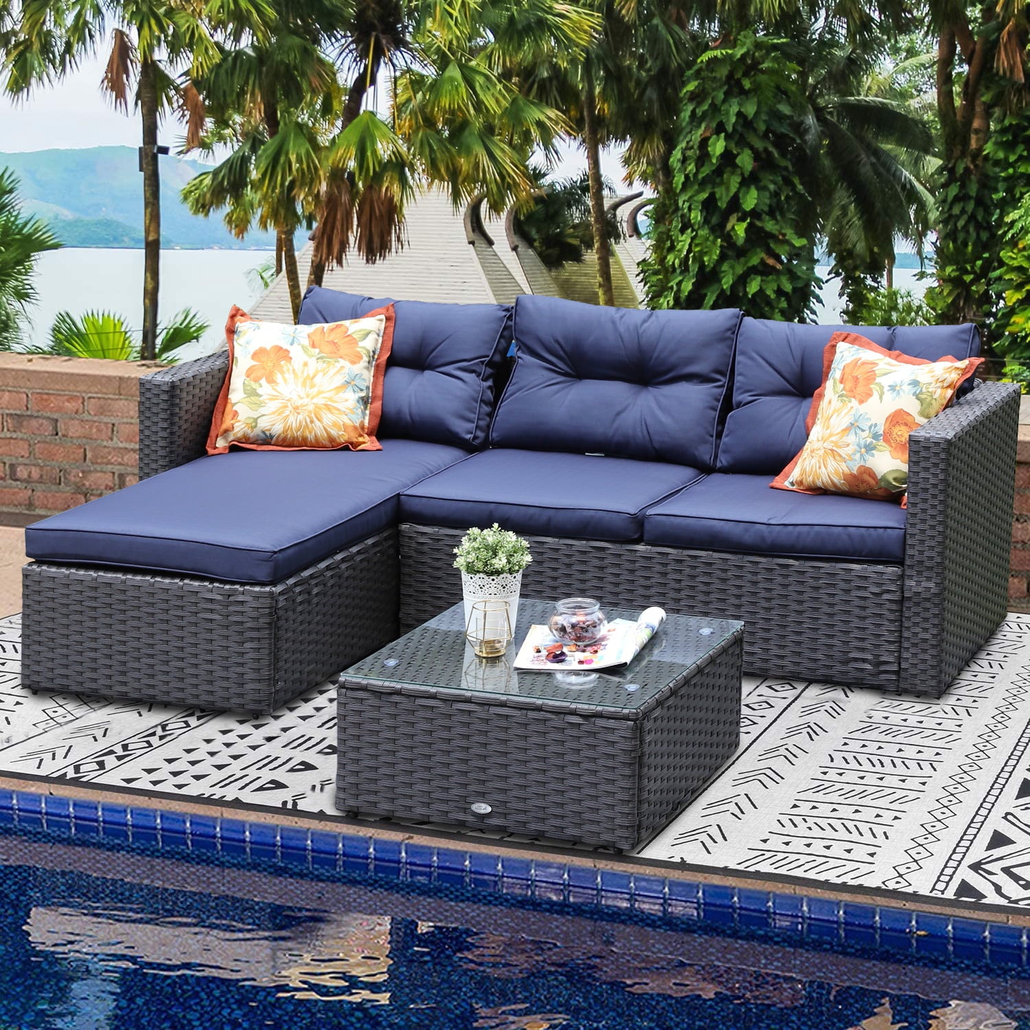 MF Studio 3 Pieces Outdoor Sectional Sofa Set Wicker Patio Furniture Conversation Set with Navy Blue Cushions