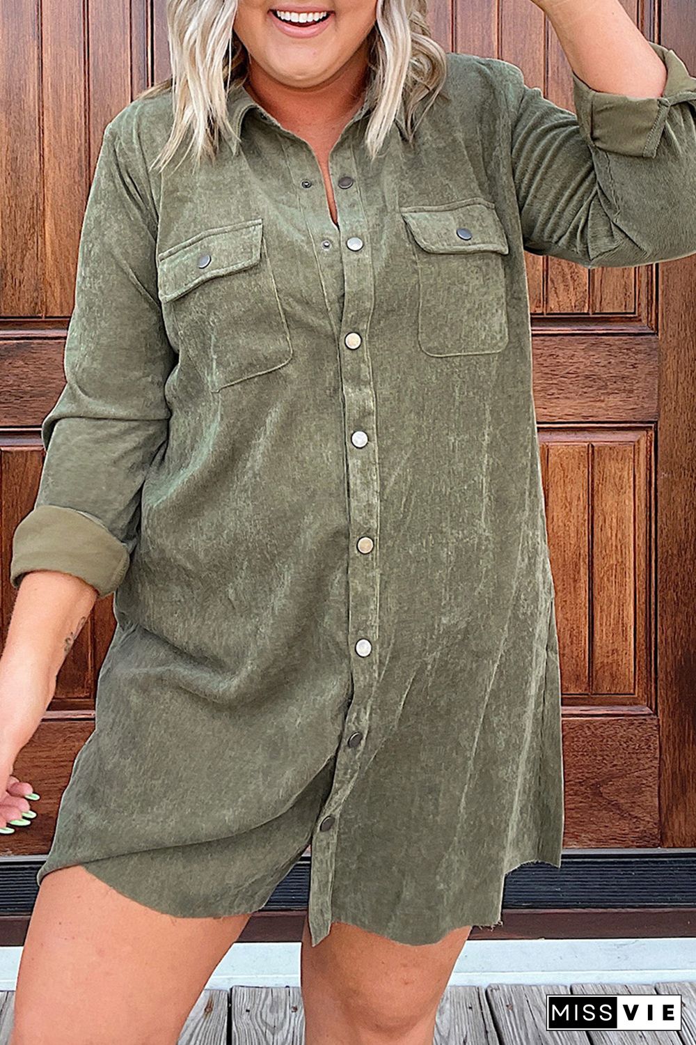 Green Plus Size Long Sleeve Buttoned Shirt Dress