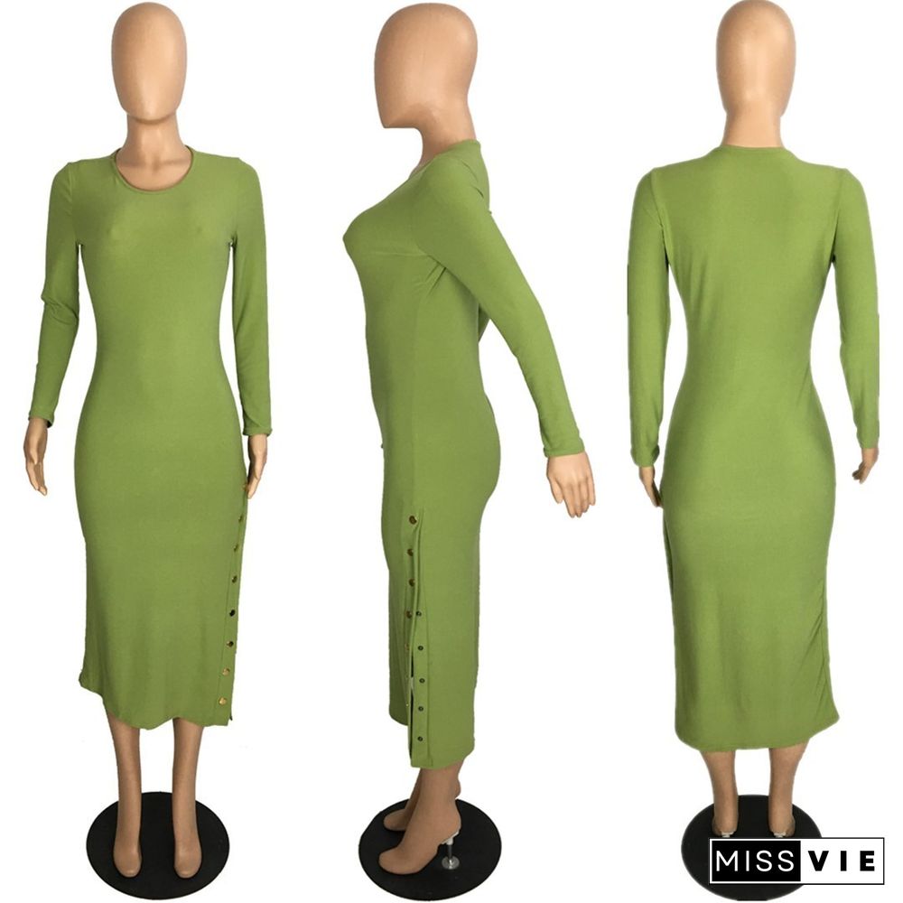 Women Solid Color Round Neck Long Sleeve Slit Maxi Dress