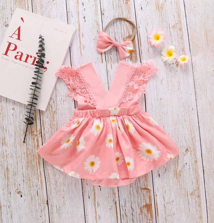 New Arrival 2pcs Red Flower Baby Clothing Newborn Baby Girls Lace Backless Romper Dress Jumpsuit Outfits Clothes 0-24M