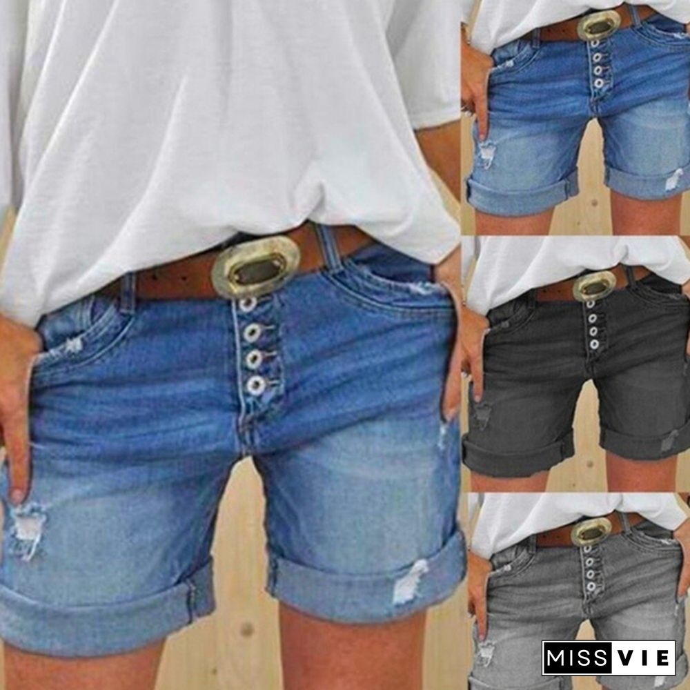 Women Summer Denim Shorts Sexy Ripped Hole Button Jeans Shorts Ladies Plus Size Short