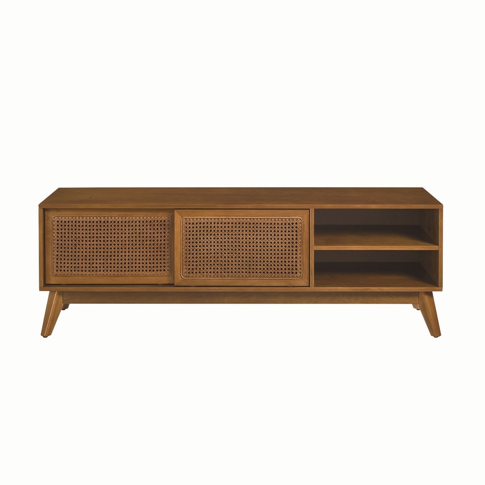 Rattan TV Stand Media Console Entertainment Cabinet for Living Room Bedroom w/ Wood Feet   Rattan Sliding Cabinet Doors