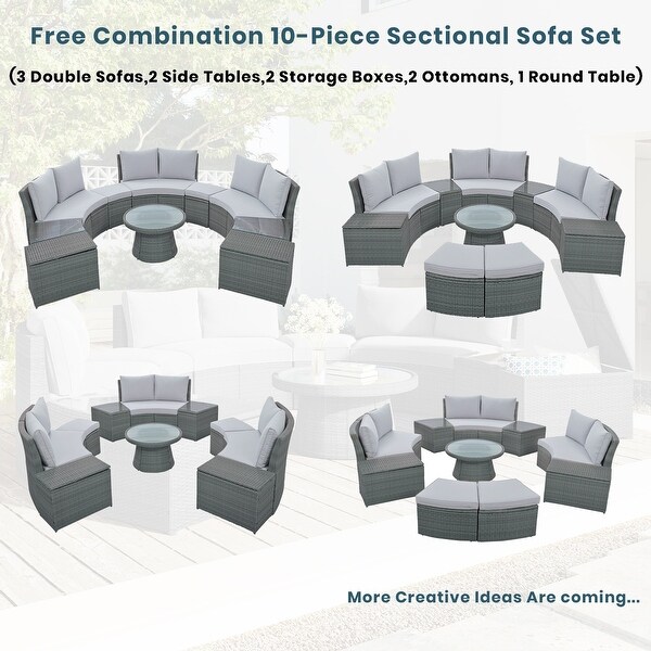 10-Piece Outdoor Half Round Patio Rattan Sectional Sofa， PE Wicker Conversation Set - Overstock - 37543593