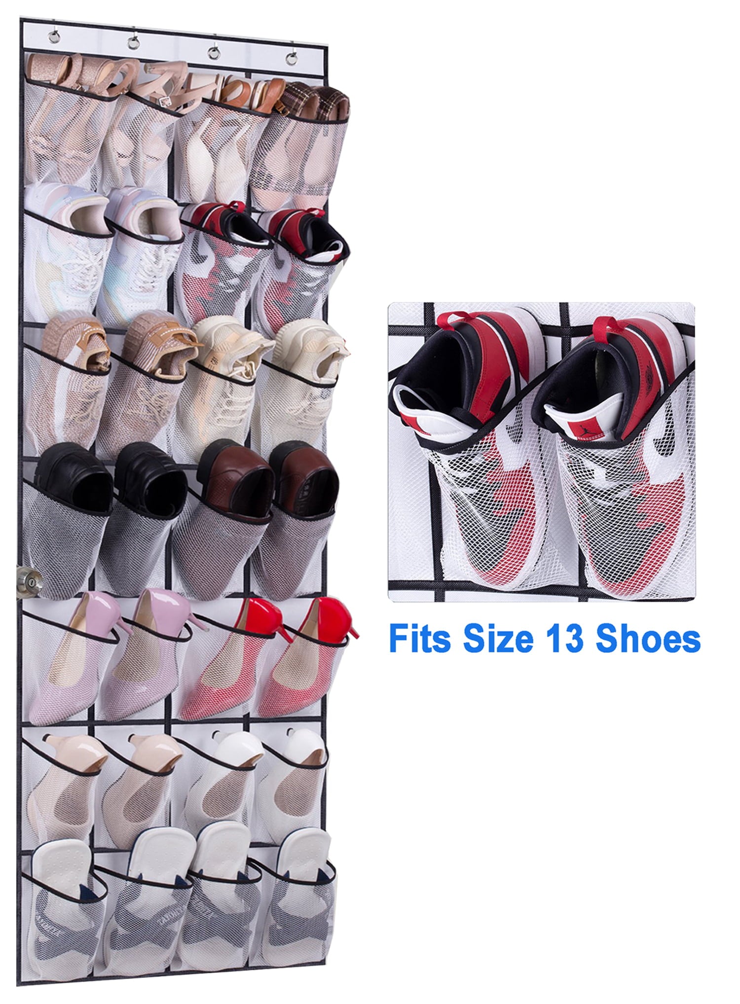 MISSLO Big Pockets Over the Door Shoe Rack Closet Hanging Shoe Organizer with 4 Hooks 28 Pairs Mesh Shoe Holder Hanger， White