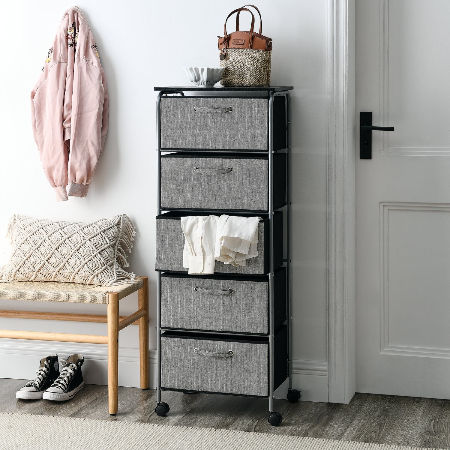 5 Drawers Fabric Storage Dresser with Wood Tabletop and Wheels for Bedroom Entryway, Hallway