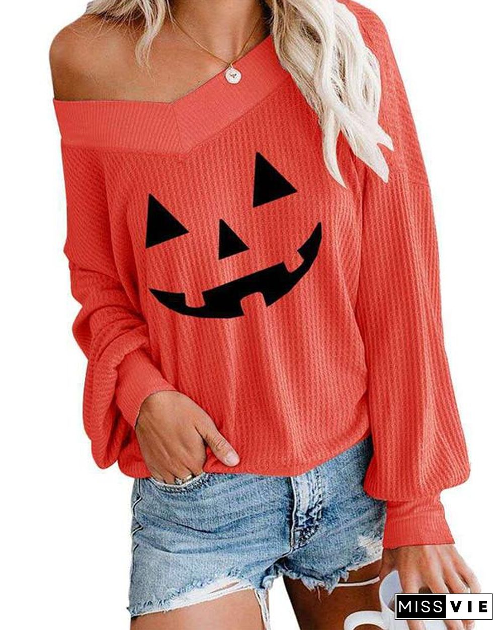 Womens V Neck Waffle Knit Halloween Tops Oversize Off Shoulder Pullover Sweatshirt