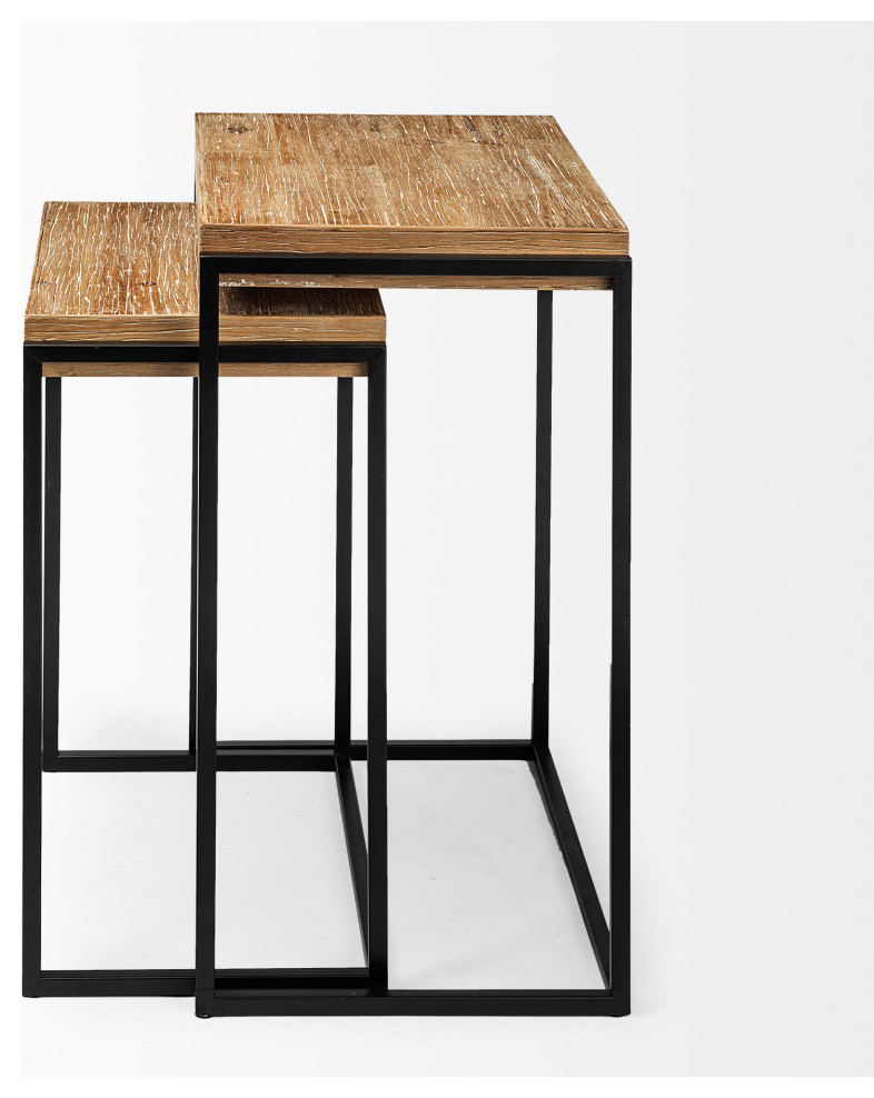 Karissa Light Brown Solid Wood w/ Black Metal Base Square Nesting Accent Tables   Industrial   Coffee Table Sets   by Mercana  Houzz
