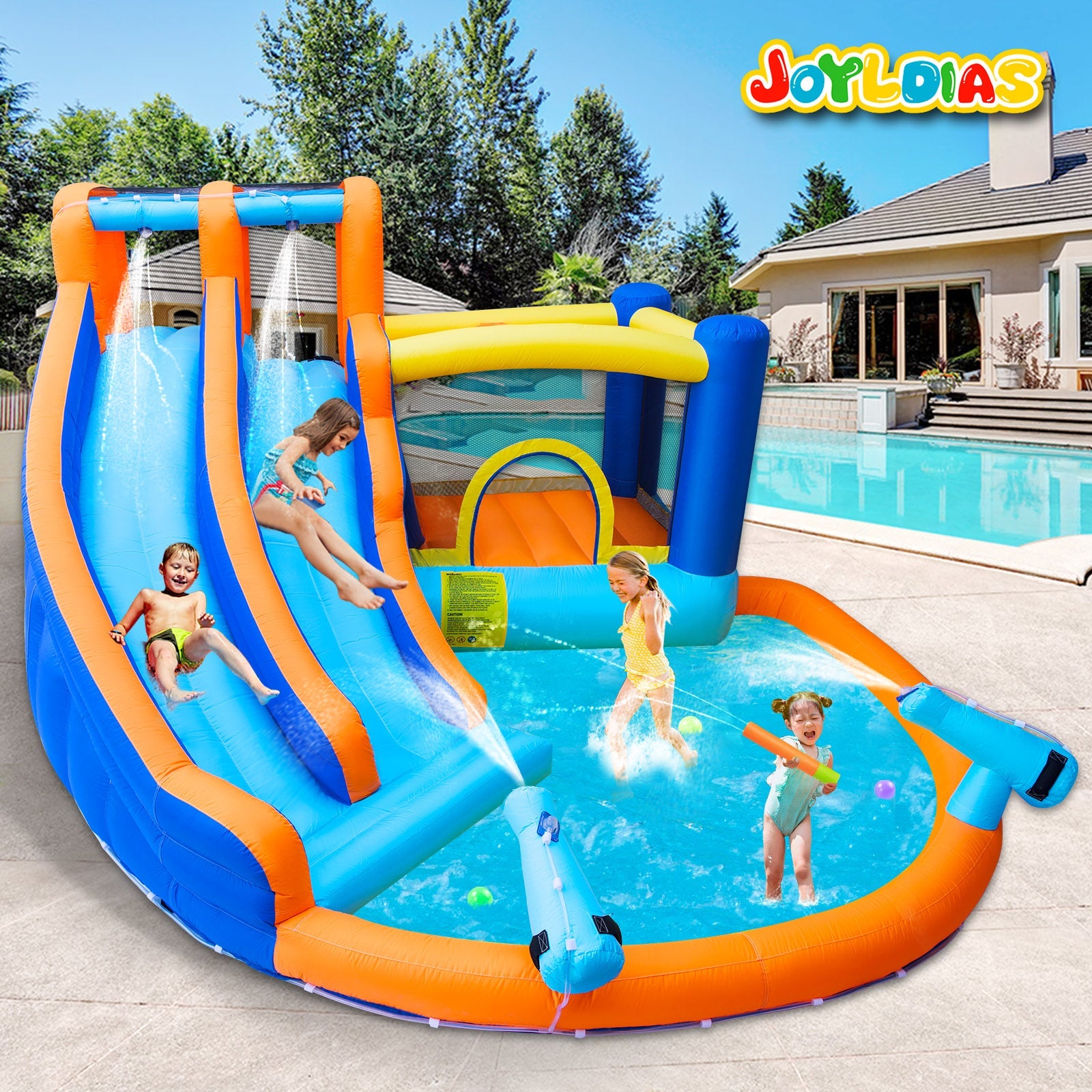 JOYLDIAS Kids Inflatable Water Slide Giant Water Park Double Slide Bouncer Playhouse Castle with 4 Water Guns, Pool, Jump Area, Climbing Wall, Air Blower