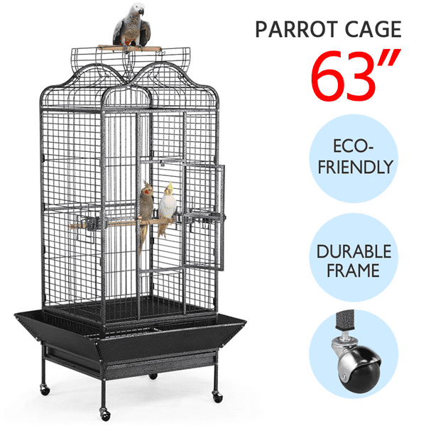 SMILE MART Rolling Metal Large Bird Cage Parrot Cage with Stand Open Playtop