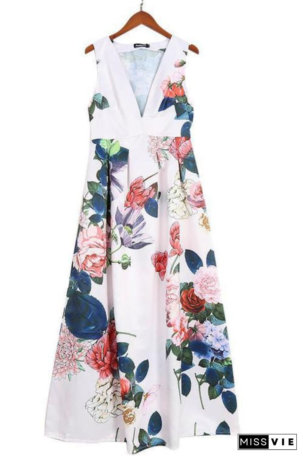 Stylish Floral Print Deep V Sleeveless Maxi Dress