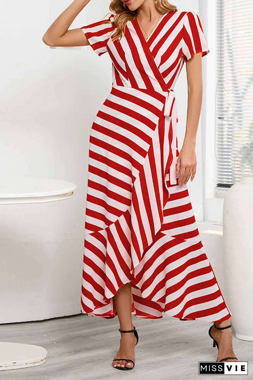 Stripes Splicing Irregular Ruffle Maxi Dress