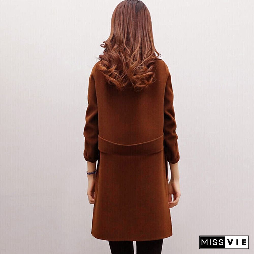 new Women Jacket Autumn Winter Solid Color Lapel Double-breasted Midi Coat Woolen Outwear Lady button-down jacket