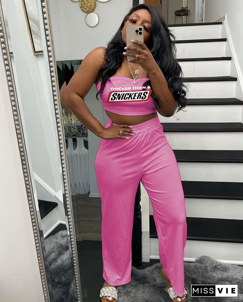 Strapless Crop Top Wide Leg Pants Two Piece Set