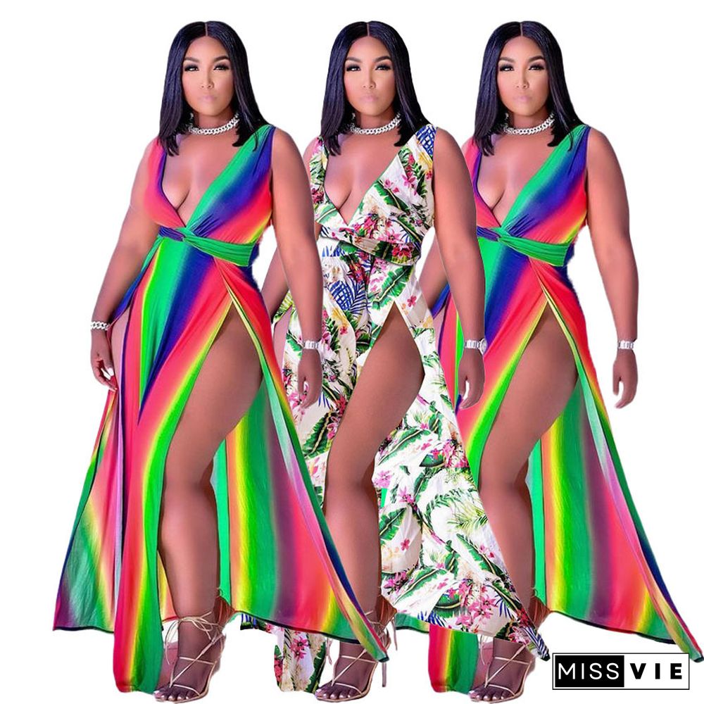 Women Elegant Rainbow Striped Print Sleeveless Summer Sexy Deep V Neck High Slit Maxi Long Dress