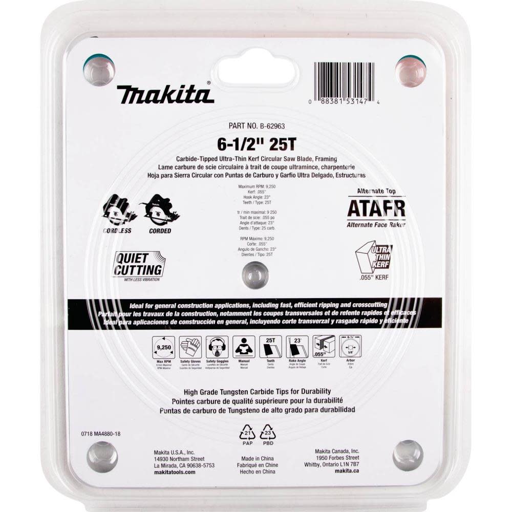 6-1/2 25T Carbide-Tipped Max Efficiency Circular Saw Blade， Framing ;