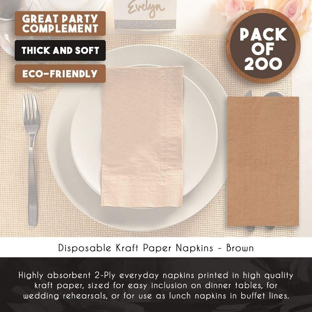 200 Brown Napkins Kraft Brown Natural Disposable Rustic Dinner  Folded 7.8\