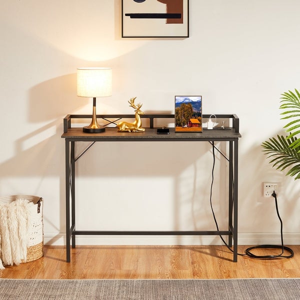 Extra Long Console/Sofa Table with Charging StationandPower Outlet， Charcoal Grey