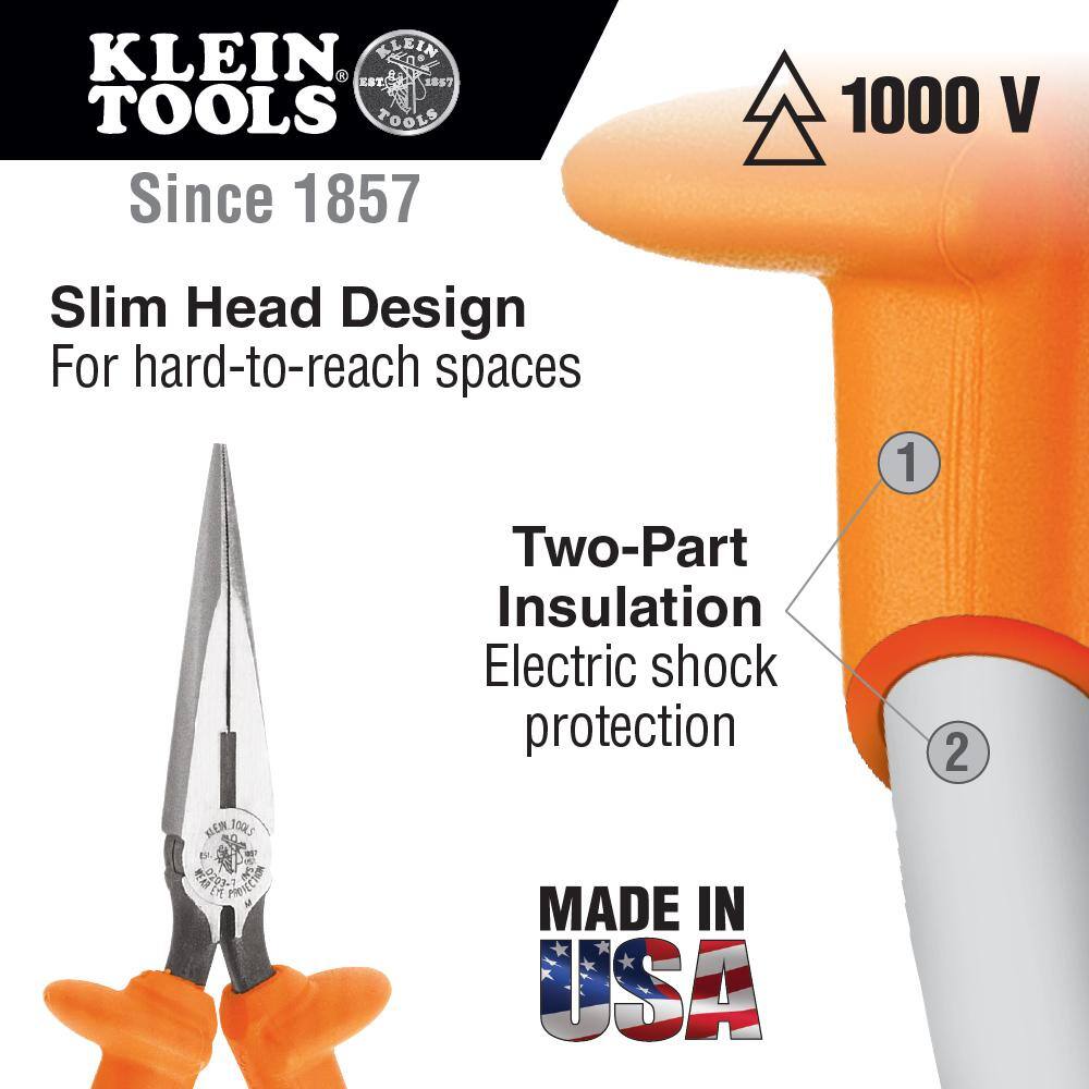 Klein Tools 8 in. Insulated Heavy Duty Long Nose Side Cutting Pliers D203-8-INS