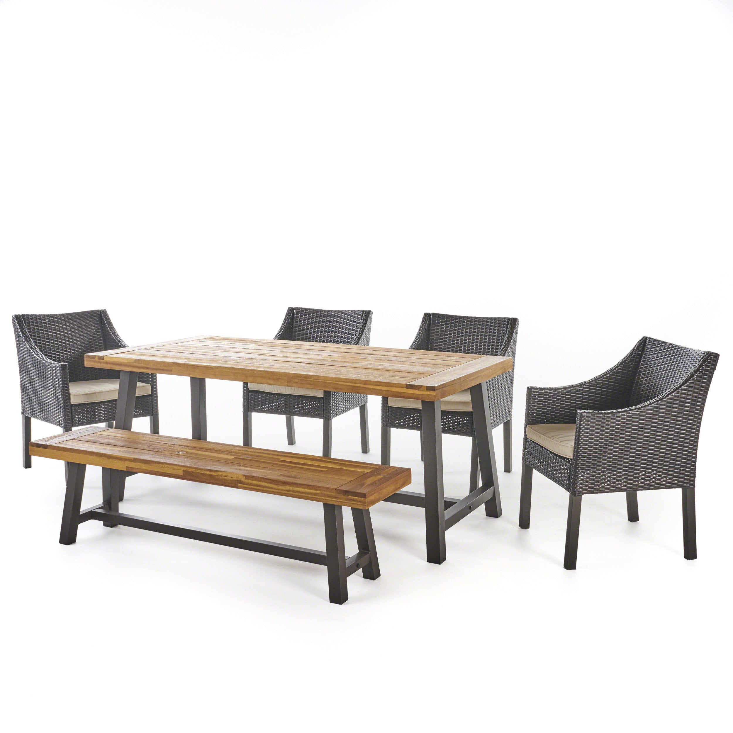 Okanna Outdoor 6 Piece Multi-brown Wicker and Acacia Sandblast Wood Dining Set