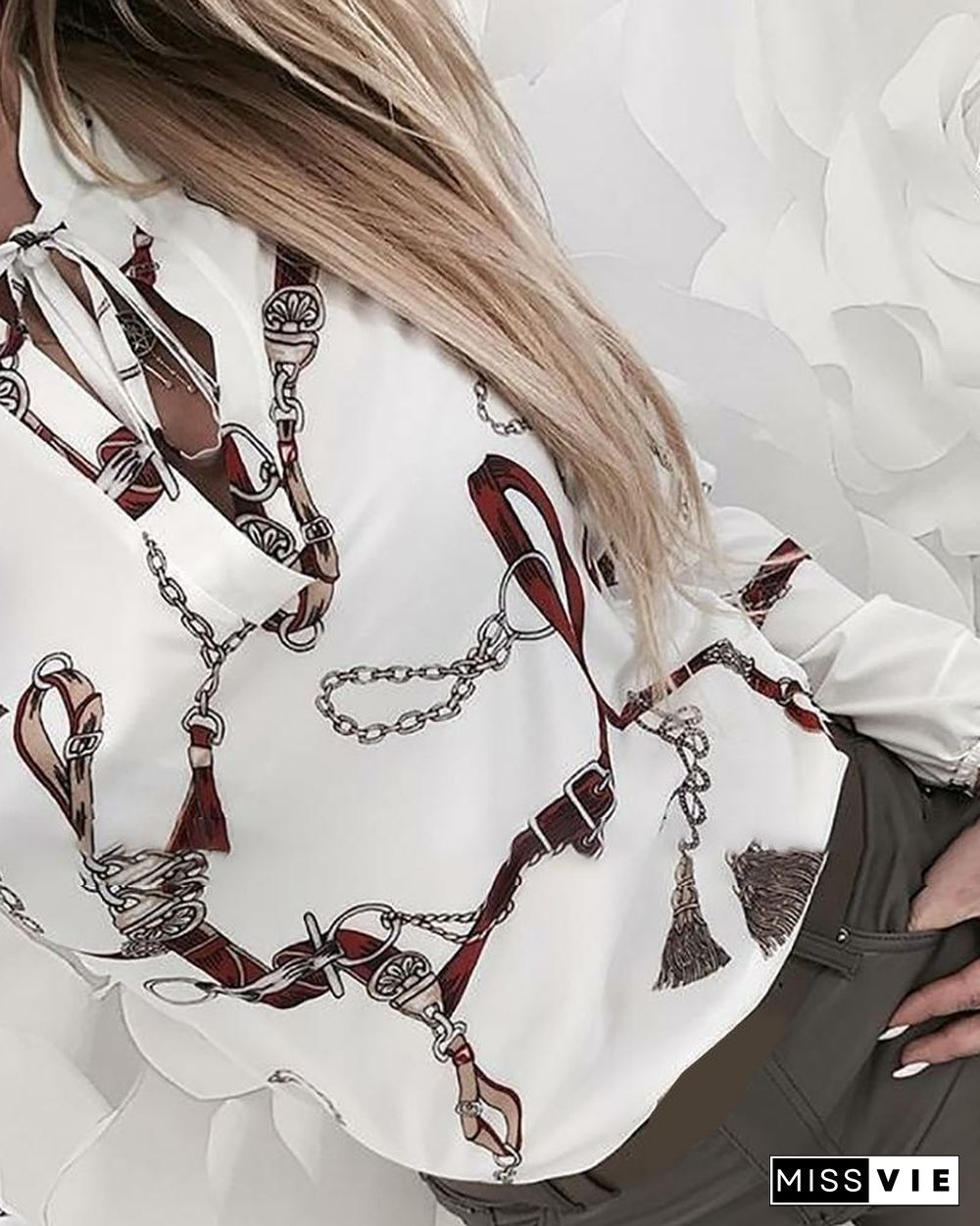 Chain Print Tied Long Sleeve Shirt P10690