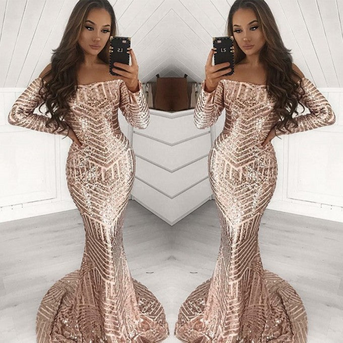 Long Sleeves Off-the-Shoulder Sequins Prom Dress Mermaid Evening Party Gown