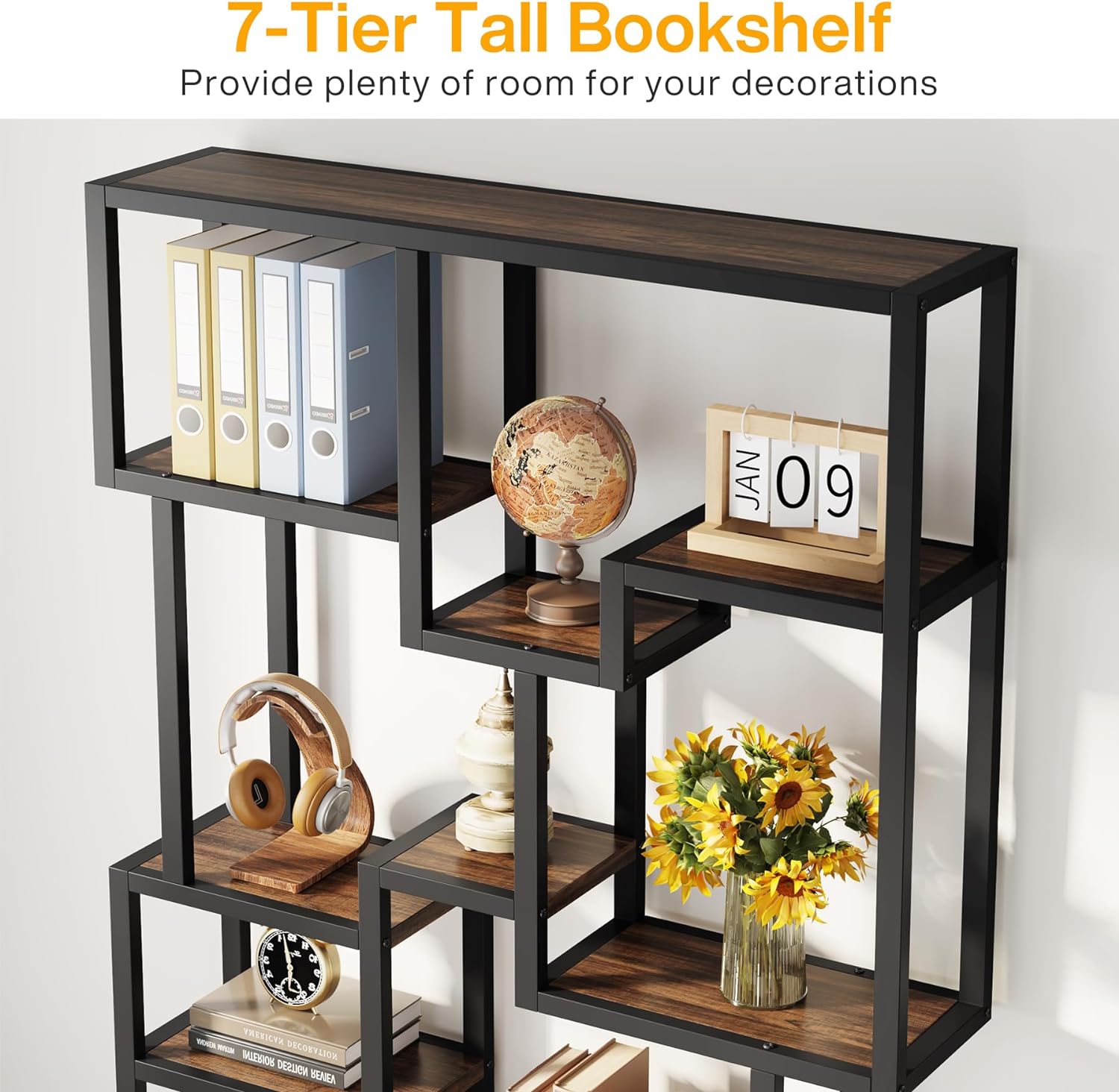 70.9 Bookshelf, Industrial Bookcase Etagere with Open Shelves