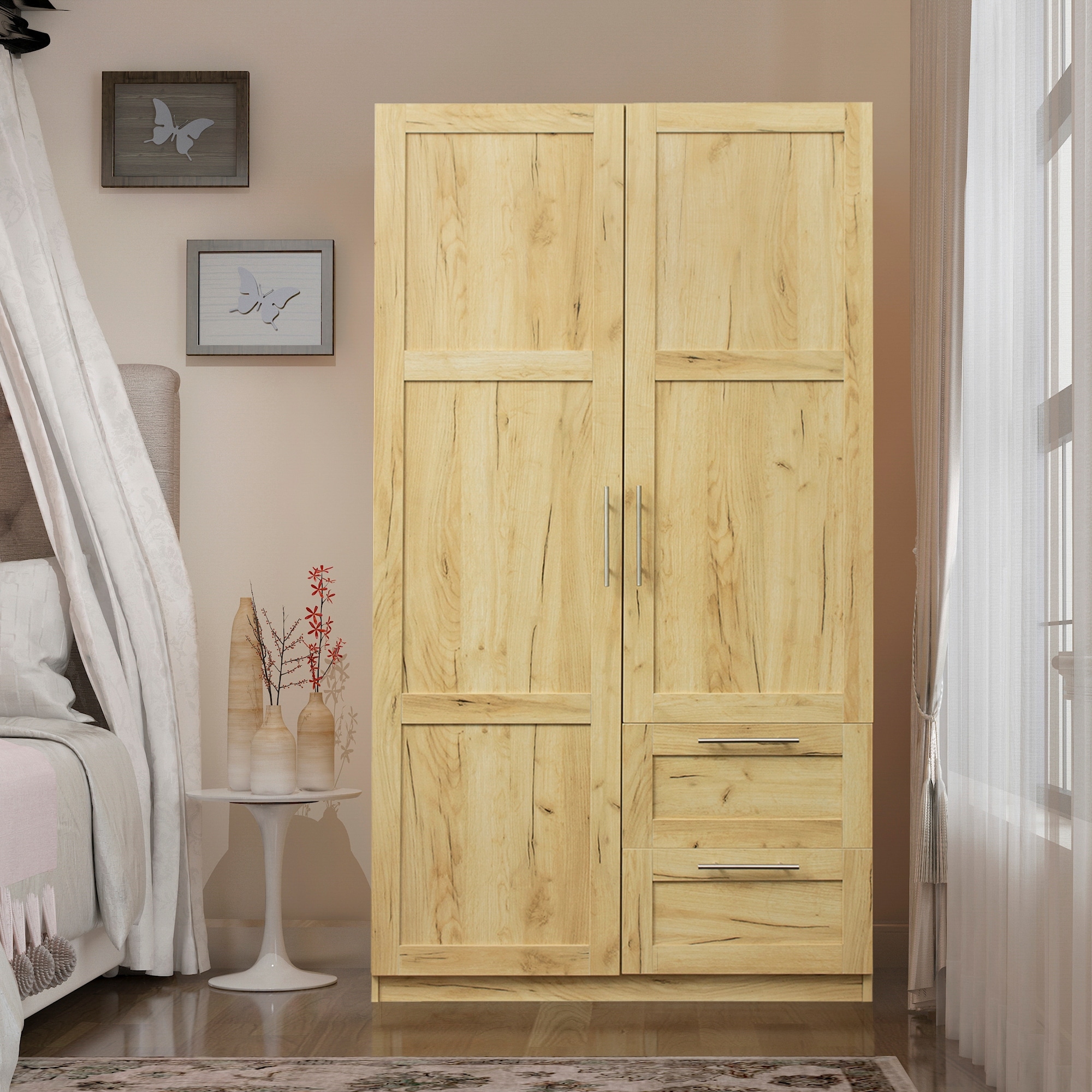 High Wardrobe Large Storage Cabinet with with Drawers， Shelves， and Hanging Rod， Freestanding Bathroom Cabinet - - 37891413