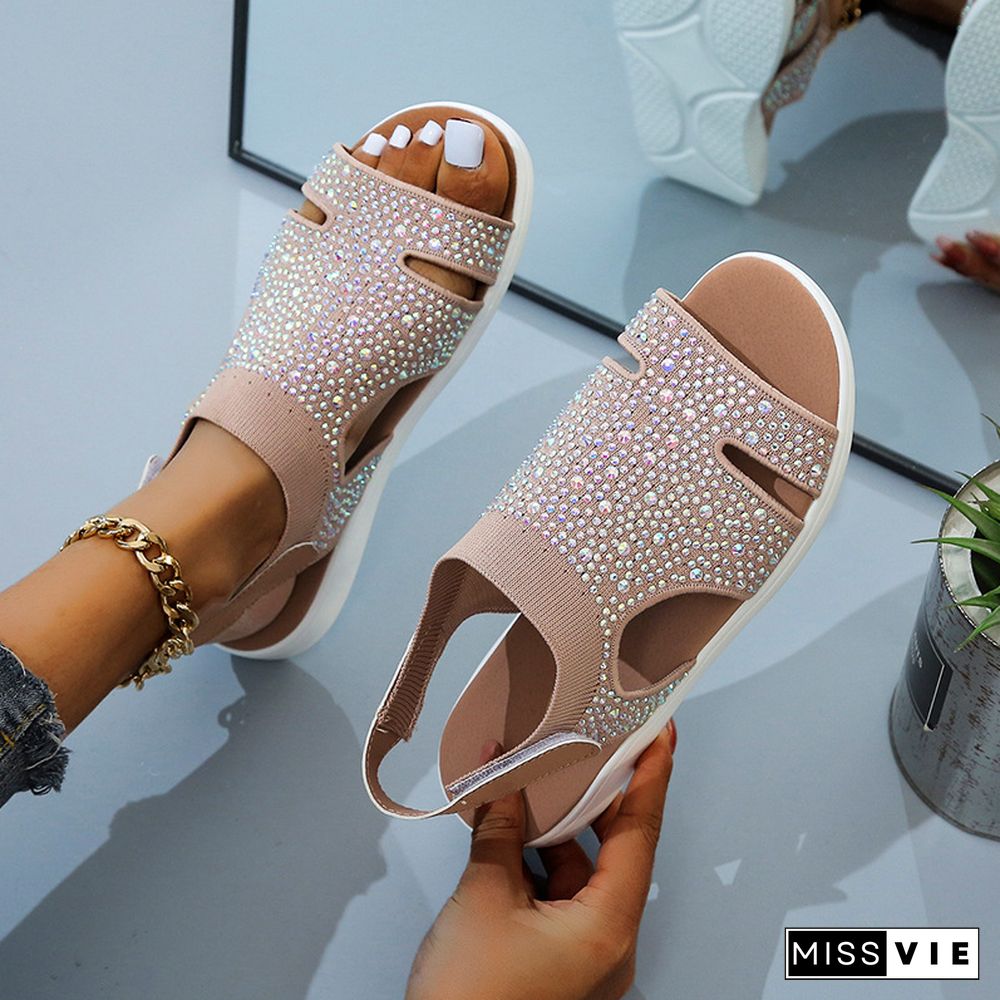 New Summer Women Sandals Fashion Stretch Flying Weave Rhinestone Casual Woman Flats Ladies Beach Shoe Big Size 36-43