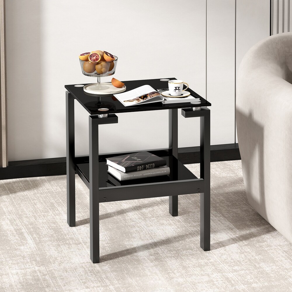 Black Tempered Glass End Table Small Side Table with 2 Layer