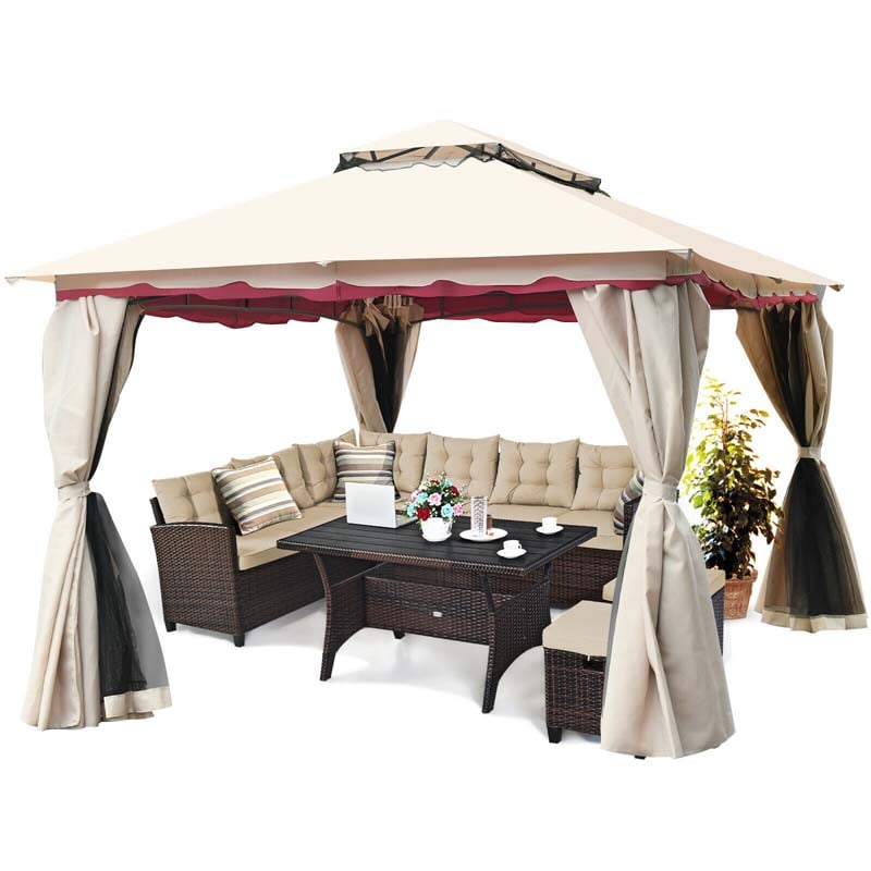 13 x 10 FT Patio Metal Gazebo with Netting & Sidewalls, 2 Tier Roof Large Outdoor Canopy Gazebo Tent