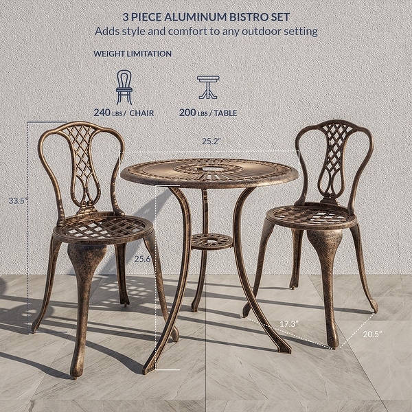 BELLEZE 3PC Patio Bistro Set Aluminum Table and Antique Chairs，Bronze