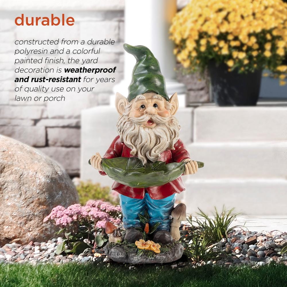 Alpine Corporation 16 in. Tall Outdoor Garden Gnome and Bird Feeder Yard Statue Decoration WAC208