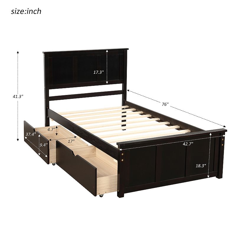 Merax Twin Size Platform Storage Bed，2 drawers with wheels